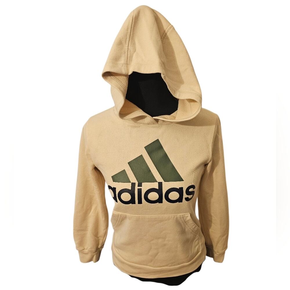 Cream With A Green Adidas Logo Fleece Pullover Hoodie Sweatshirt Kids Size Small